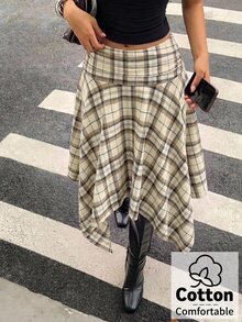 Aloruh 女款格紋休閒百搭日常裙 - 杏色 - 查看 1
