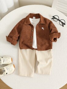 SHEIN 中性嬰兒男/女嬰 2件組秋冬休閒復古風長袖上衣與長褲套裝，男嬰套裝，男嬰衣物，Squishy - 棕色 - 查看 3