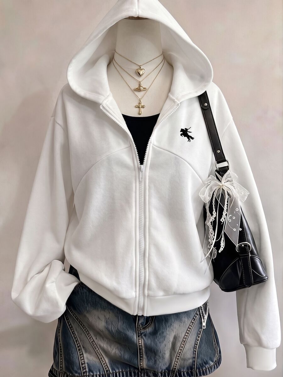 SHEIN Sweetra Young 秋冬女款連帽拉鍊外套 街頭休閒風 針織面料 微鬆版型 校園風 海軍藍 - 白色 - 查看 1