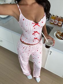 ZzzCrew Women's Slim Fit Heart Stripe Print Bow Decor Camisole & Long Pants Pajama Set - Pink - View 4