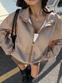 Muchica Red Plaid Zip-Up Drop Shoulder Casual Lightweight Woven Jacket For Women - Multicolor - View 1