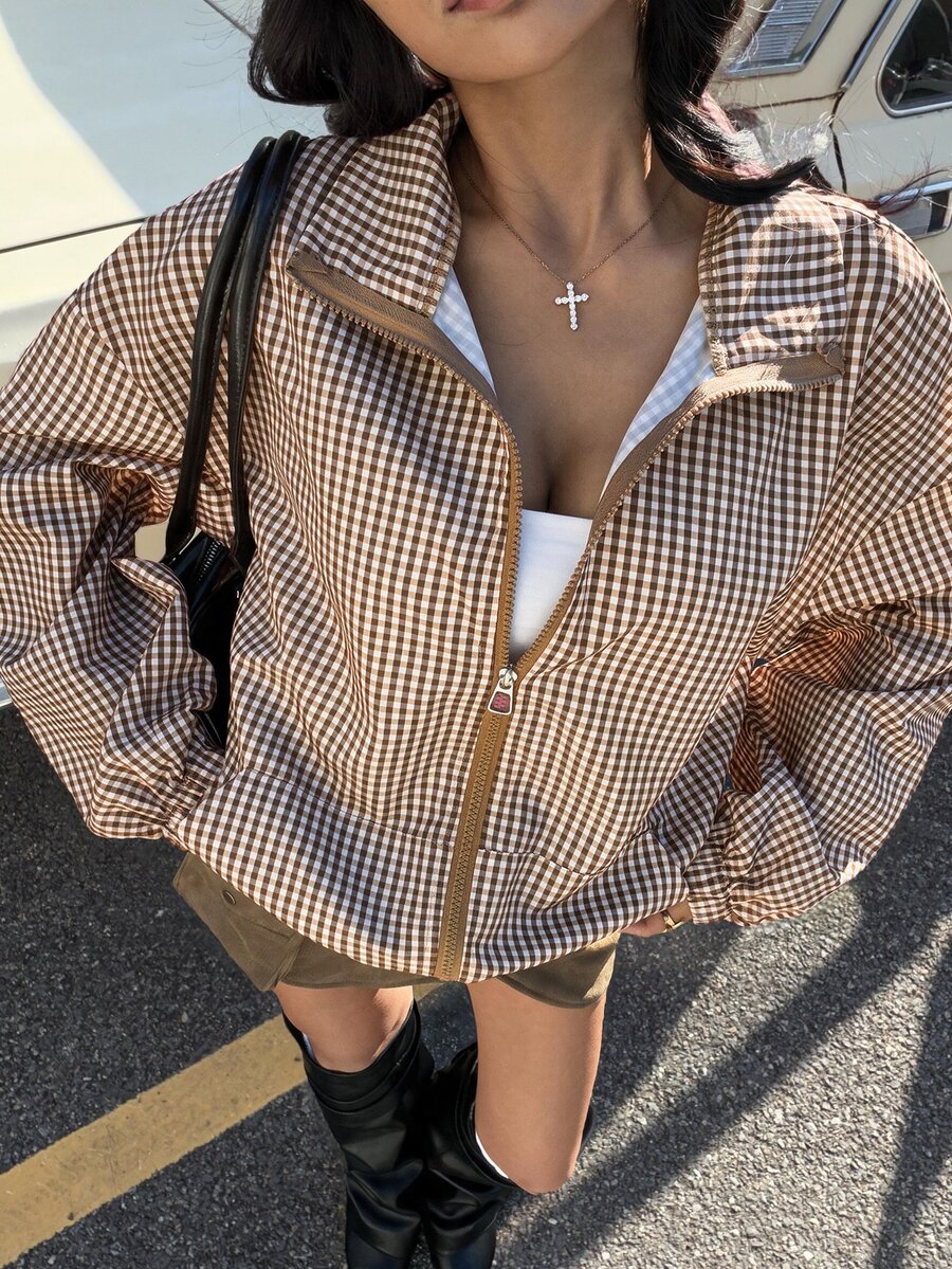 Muchica Red Plaid Zip-Up Drop Shoulder Casual Lightweight Woven Jacket For Women - Multicolor - View 1