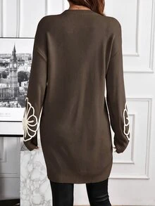 EMERY ROSE Women Cold Shoulder Long Sleeve Embroidered Knit Sweater Dress In Autumn Formal Party Going Out Black Floral Elegant Casual - Brown - View 2