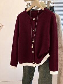 GlowEve CURVE Plus Size Women's Bow Button Cardigan Sweater,Knit Top Fall Winter 2026 Women Fall Winter Sweater - Multicolor - View 3