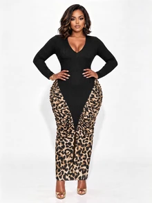 Poshavie Poshavie Plus Size Women Deep VNeck Long Sleeve Midi Dress, Ribbed Knit Leopard Print Ruched Bodycon Party Club Dres - Multicolor - View 5