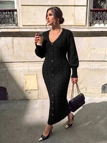 Firerie 女款V領單排扣燈籠袖修身針織長洋裝 冬季 - 黑色 - 查看 5