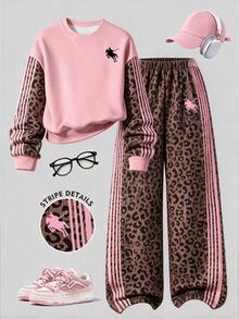 SHEIN Casuvi Kids 秋冬青少年女孩2件套，粉色拼接豹紋圓領衛衣與寬腿長褲，美式復古甜酷女孩套裝 - 彩色 - 查看 1