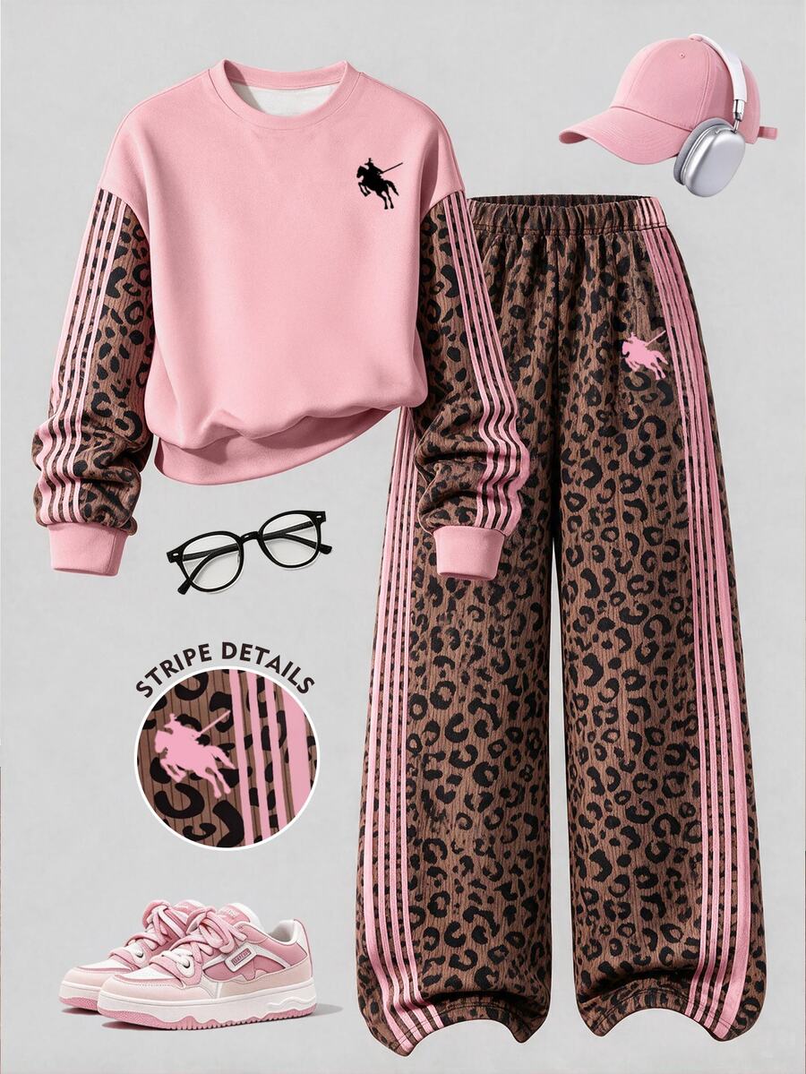 SHEIN Casuvi Kids 秋冬青少年女孩2件套,粉色拼接豹紋圓領衛衣與寬腿長褲,美式復古甜酷女孩套裝 - 彩色 - 查看 1