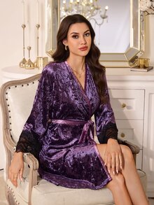 LuxeNights Long Sleeve Velvet Trim Lace Robe, Suitable For Home And Outdoor Wear - Purple - View 4