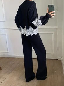 DAZY Women's Black Lace Patchwork Round Neck Long Sleeve Sweater And Knit Pants 2 Pieces Set - Black - View 5