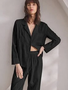 Ocili Natural Comfortable Non-Elastic Linen Pleated Long Sleeve Long Pants Women's Pajama Set - Black - View 6