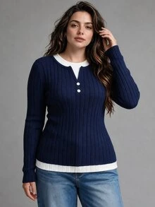 Nubod Plus Size Blue & White Colorblock Button Design Ribbed Slim Fit Long Sleeve 2 In 1 Sweater Casual Comfortable Commute - Blue - View 4