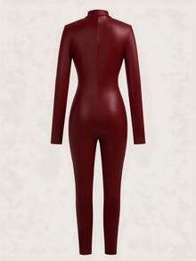 SHEIN EZwear 女款黑色彈性PU皮革前拉鍊連身褲 - 酒紅色 - 查看 2