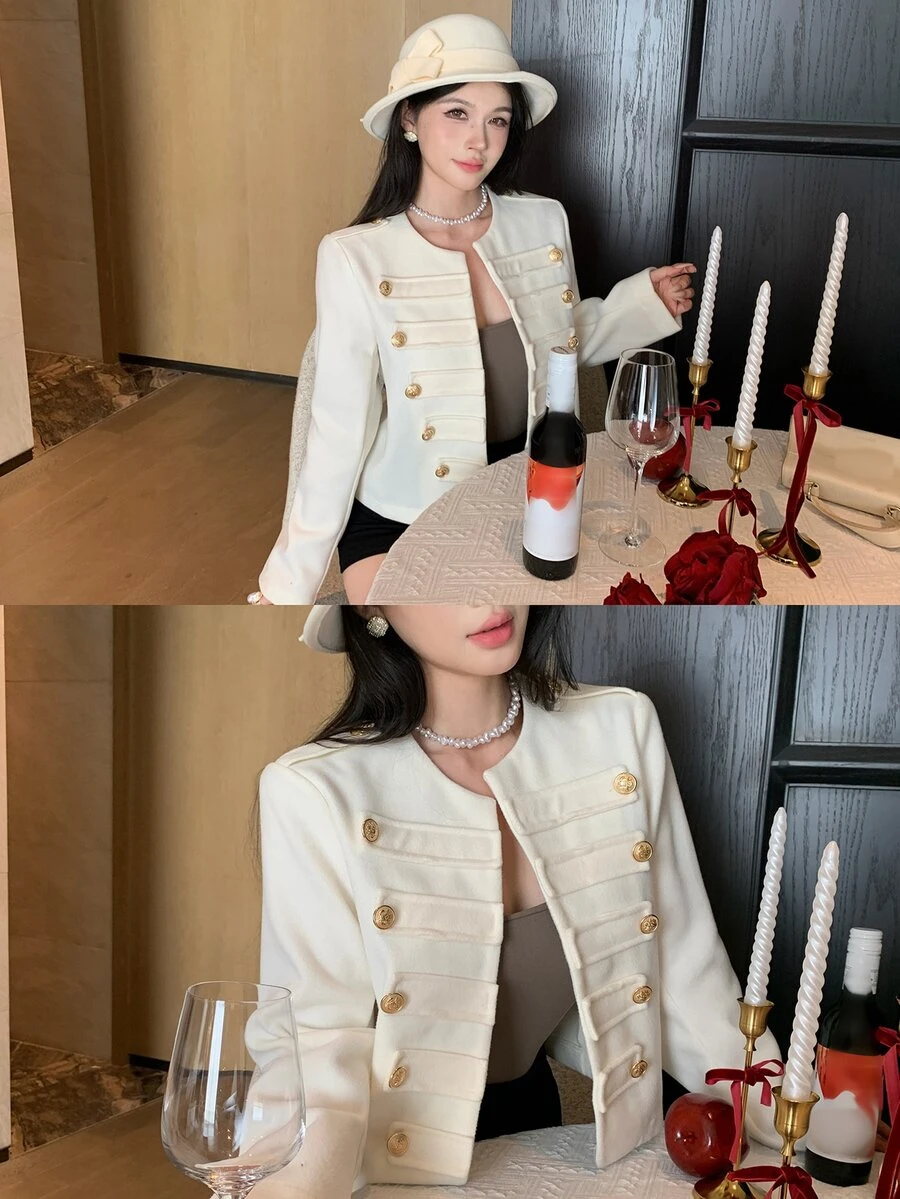 DAZY 女款優雅雙排扣長袖大衣 - 米色 - 查看 1