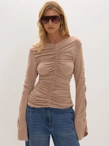 MUSEYN Nude Jersey Ruched Flared Sleeve Top Versatile Everyday Casual Chic New Season Fall - Khaki - View 1