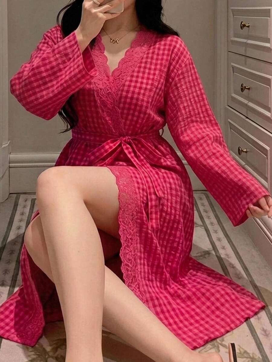 Dazy Plus Rose Red Contrast Lace Plaid Loose Tie Elegant Nightgown - Hot Pink - View 1