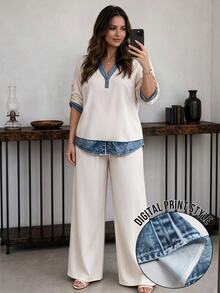 Weeklong Women's Plus Size Spring/Autumn Notch Collar Denim Effect Print Loose Fit 2 Pieces Set With Straight Leg Pants - Apricot - View 8