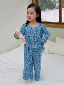 DAZY Infant (Girl) All-Over Leopard Print Korean Style Long Sleeve Autumn/Winter Loungewear - Blue - View 8