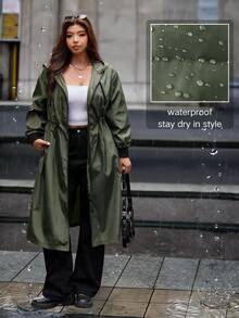 Easura Plus Size Cinched Waist Zipper Pocket Hooded Jacket - Army Green - View 7
