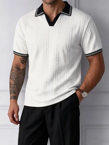 HUEFORM 男士秋冬條紋短袖 Polo 衫，成熟商務老錢風 - 白色 - 查看 1