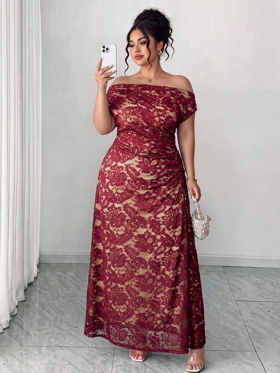 Elenzga Plus Size Autumn/Winter Burgundy Elegant Lace Asymmetrical Shoulder Dress, Suitable For Parties, Gatherings And Holiday Outfits - Burgundy - View 1