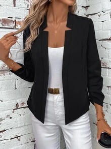 SHEIN Clasi جاكيت نسائي بلون موحد وياقة مفتوحة وحافة غير متماثلة وأكمام طويلة بتصميم كاجوال بسيط - الأسود - مشاهدة 1