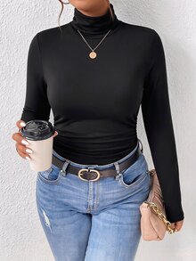 SHEIN Frenchy 女款大尺碼高領長袖黑色T恤，秋冬款 - 黑色 - 查看 4