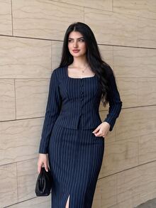 Feyla Women's Square Neck Striped Top And Striped Skirt Elegant Two Pieces Set - Navy Blue - View 5