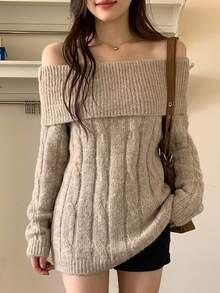 DAZY 女款方領條紋寬鬆休閒毛衣 秋季 - 卡其色 - 查看 3