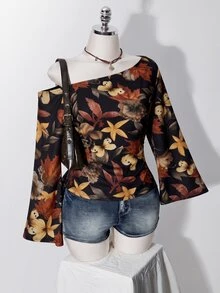 SHEIN ICON 女款休閒浪漫花卉印花大尺碼不對稱肩長袖T恤 - 彩色 - 查看 6