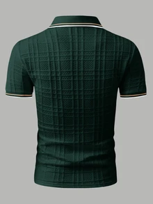 EGENSIO 男士休閒通勤拼接半開襟 Polo 衫 - 墨綠色 - 查看 2