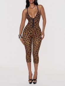 MUSERA Leopard Print Corset Detail Jumpsuit Winter Fall Women Jumpsuit Going Out Outfit Party - Brown - View 3
