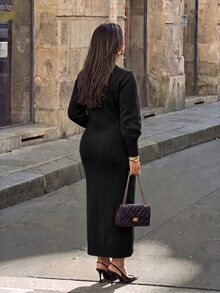 Firerie 女款V領單排扣燈籠袖修身針織長洋裝 冬季 - 黑色 - 查看 2