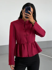 SHEIN ICON Women's High Neck Long Sleeve Cinched Waist New Chinese Style Jacket - Multicolor - View 7