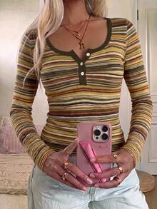 CovetEZ Women's Blended Pink Striped Half-Zip T-Shirt, Spring/Summer Style, Pink Top - Multicolor - View 6