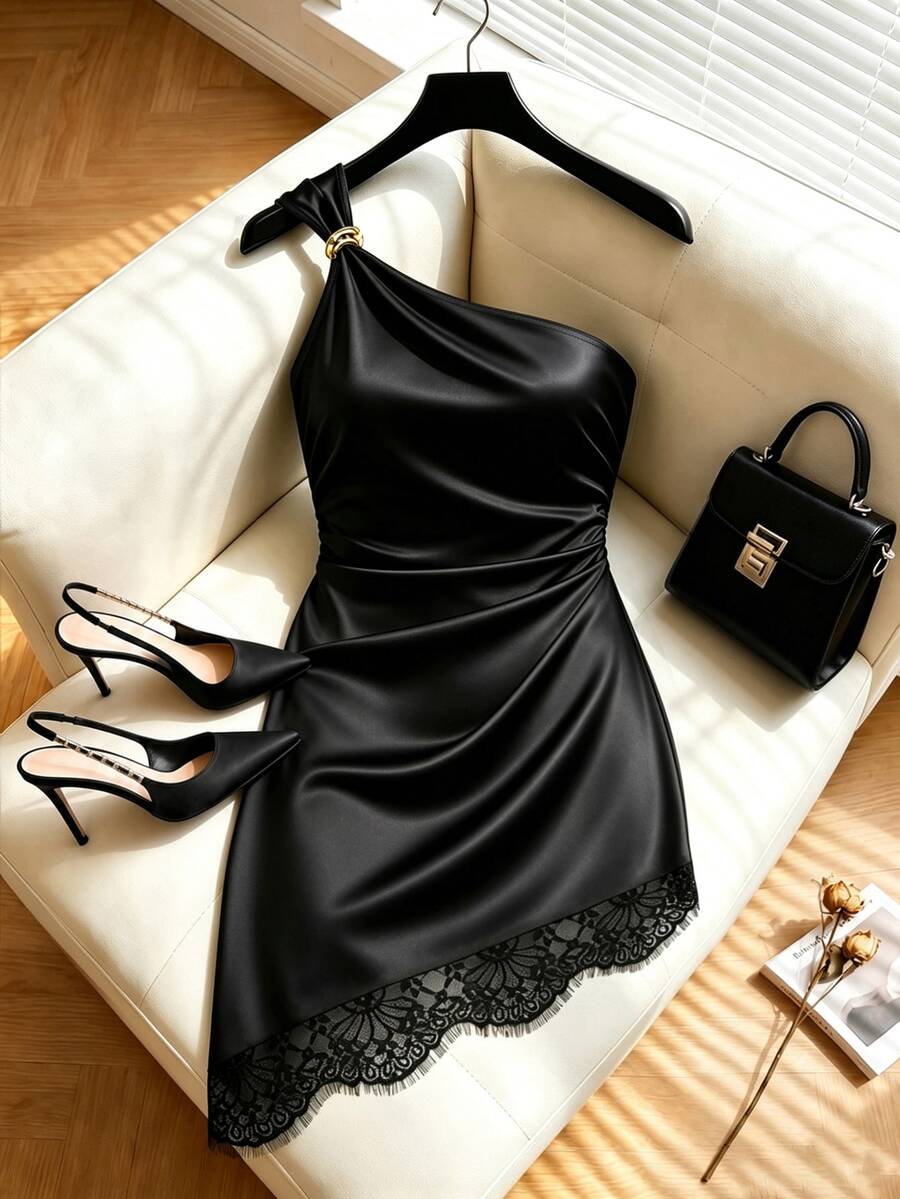 GlowEve CURVE Plus Size Women's Lace Patchwork One Shoulder Fashion Dress - Black - View 1