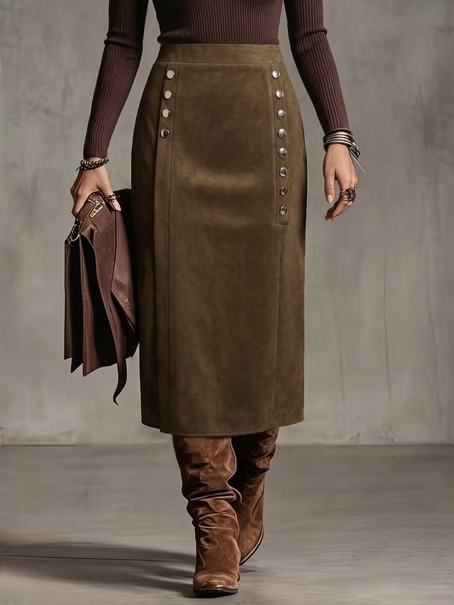 Linhara CURVE Plus Size Lady's Woven Skirt With Slit, Elegant For Autumn, Mid-Length Skirt - Coffee Brown - View 1