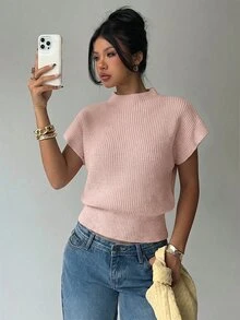 Aloruh 女款休閒通勤簡約純色漏斗領蝙蝠袖寬下擺針織上衣 - 淺粉色 - 查看 8