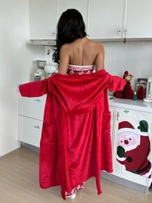 ZzzCrew Bộ đồ ngủ lông bông họa tiết bông tuyết Giáng Sinh 3 món (áo hai dây + quần dài + áo choàng buộc trước) - Đỏ - Xem 2