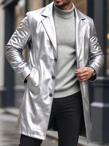 Manfinity CasualCool 男士 PU 布料單排扣黑色秋季優雅晚宴風衣，寬鬆極簡翻領長版外套，適合送給丈夫/男友的週年禮物 - 銀色 - 查看 5