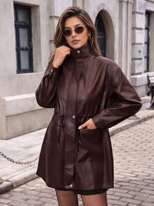 Editum Women's Solid Color Double Pocket Cinched Cinched Waist Zipper Front Long Sleeve Jacket - Mocha Brown - View 3