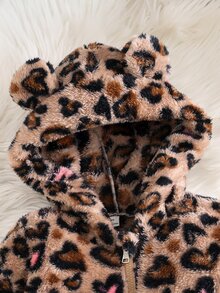 SHEIN Tween Girl Long Sleeve Fleece Fashionable Cute Leopard Ear Hooded Jumpsuits, Suitable For Indoor & Outdoor Wear In Winter - Multicolor - View 4