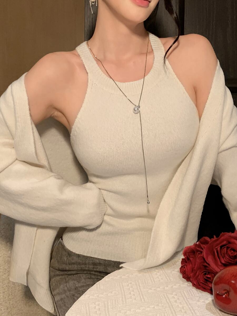 DAZY 女款針織背心與長袖毛衣兩件套 - 米色 - 查看 1