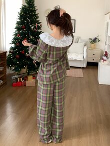 DAZY Autumn Winter Christmas Sweet Plaid Contrast Color Embroidered Lace Collar Lantern Sleeve Loose Women's Pajama Set - Red - View 2