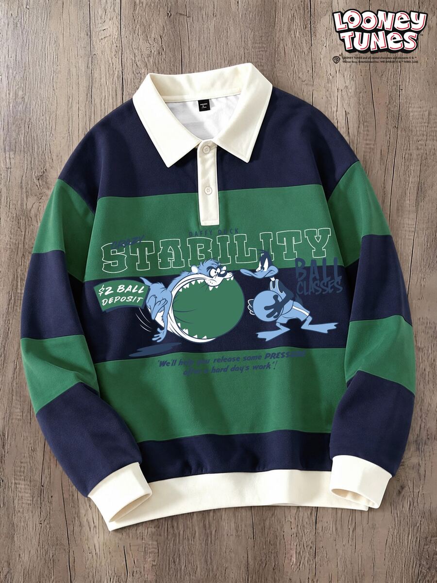 LOONEY TUNES X SHEIN Daypath 男士鈕扣領套頭運動衫 - 綠色 - 查看 1