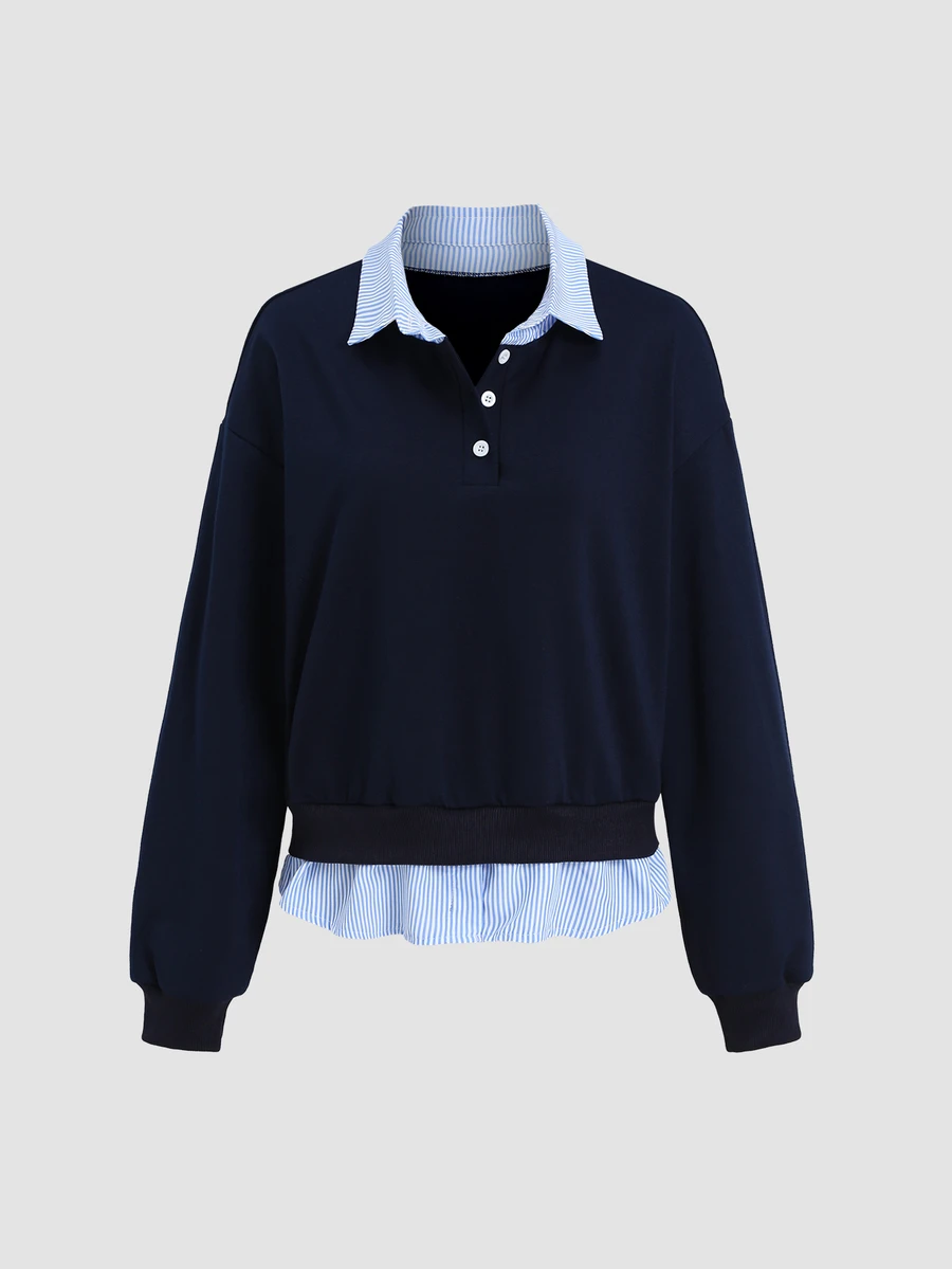 Sweetra Women's Casual Minimalist Versatile Striped Patchwork 2 In 1 Design Loose Sweatshirt - Navy Blue - View 1