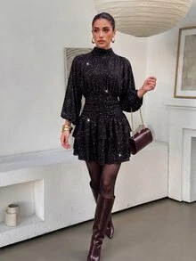Ellevyn Women's Long Sleeve Short Dress, Shiny Multi-Layered Dress, Urban Renaissance Street Style, Casual Fashion, Creative Personalized Streetwear Party - Chocolate Brown - View 5