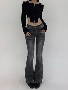 DAZY 女款修身低腰喇叭長版牛仔褲 - 深灰色 - 查看 3