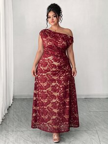 Elenzga Plus Size Autumn/Winter Burgundy Elegant Lace Asymmetrical Shoulder Dress, Suitable For Parties, Gatherings And Holiday Outfits - Burgundy - View 5
