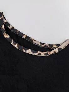 EMERY ROSE Plus Size Simple Casual Versatile Leopard Print Patchwork Women's T-Shirt - Black - View 6